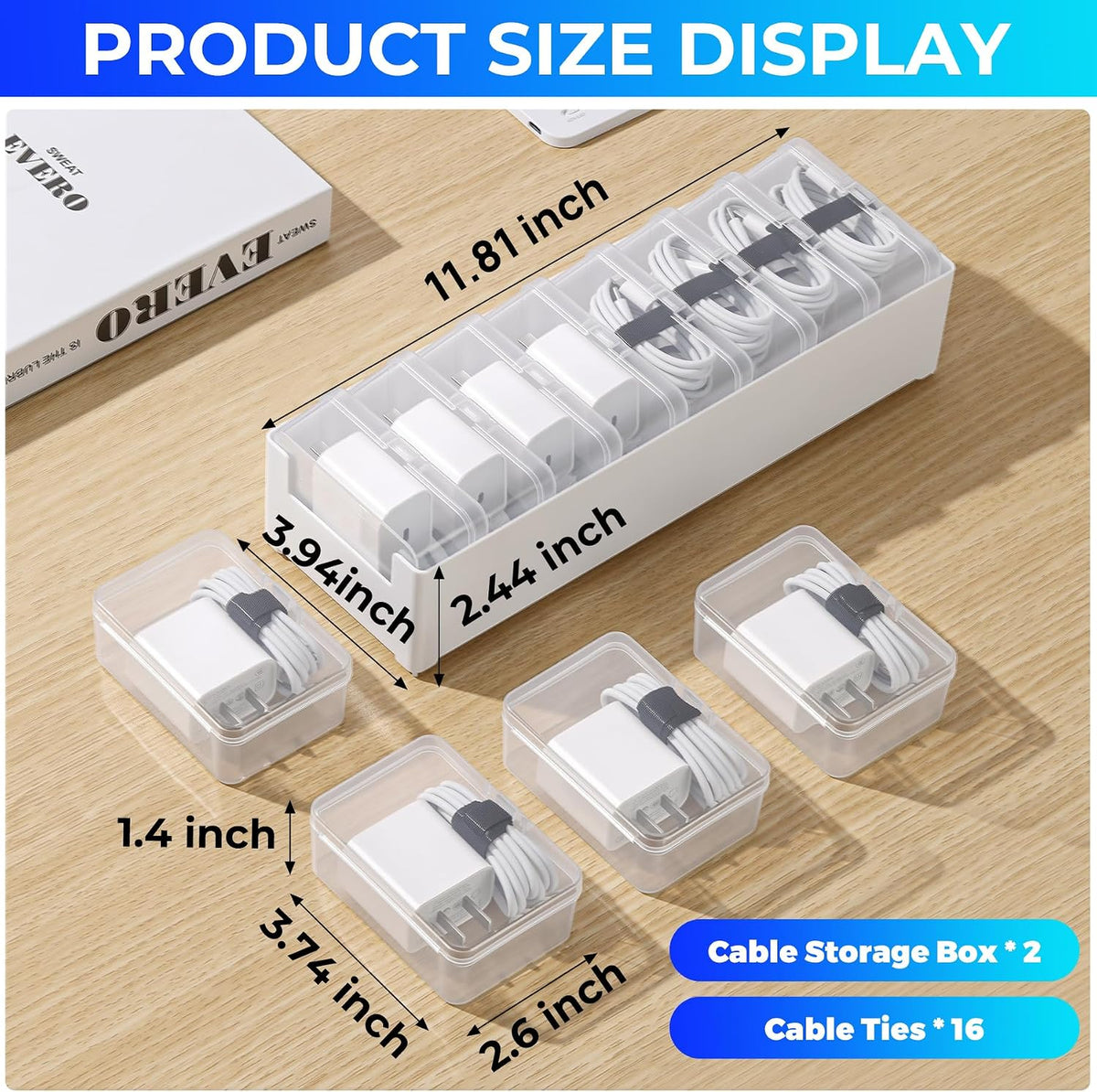 Cable Organizer Storage Box 8 Larger Case Cable Box with Cable Straps and Label Stickers, Travel Cord Organizer for Charging Cables, USB Wires, Earphones – Drawer Organization for Home & Office