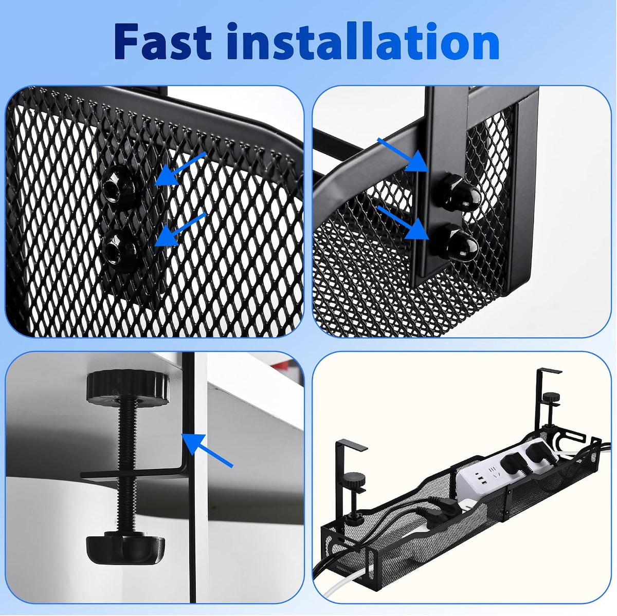 Under Desk Cable Management Tray 25.3 Inch, Clamp-On Cable Organizer Box for Standing Desks, No Drill Cord Management Under Desk, Large Desk Wire Organizer for Office & Home, Black