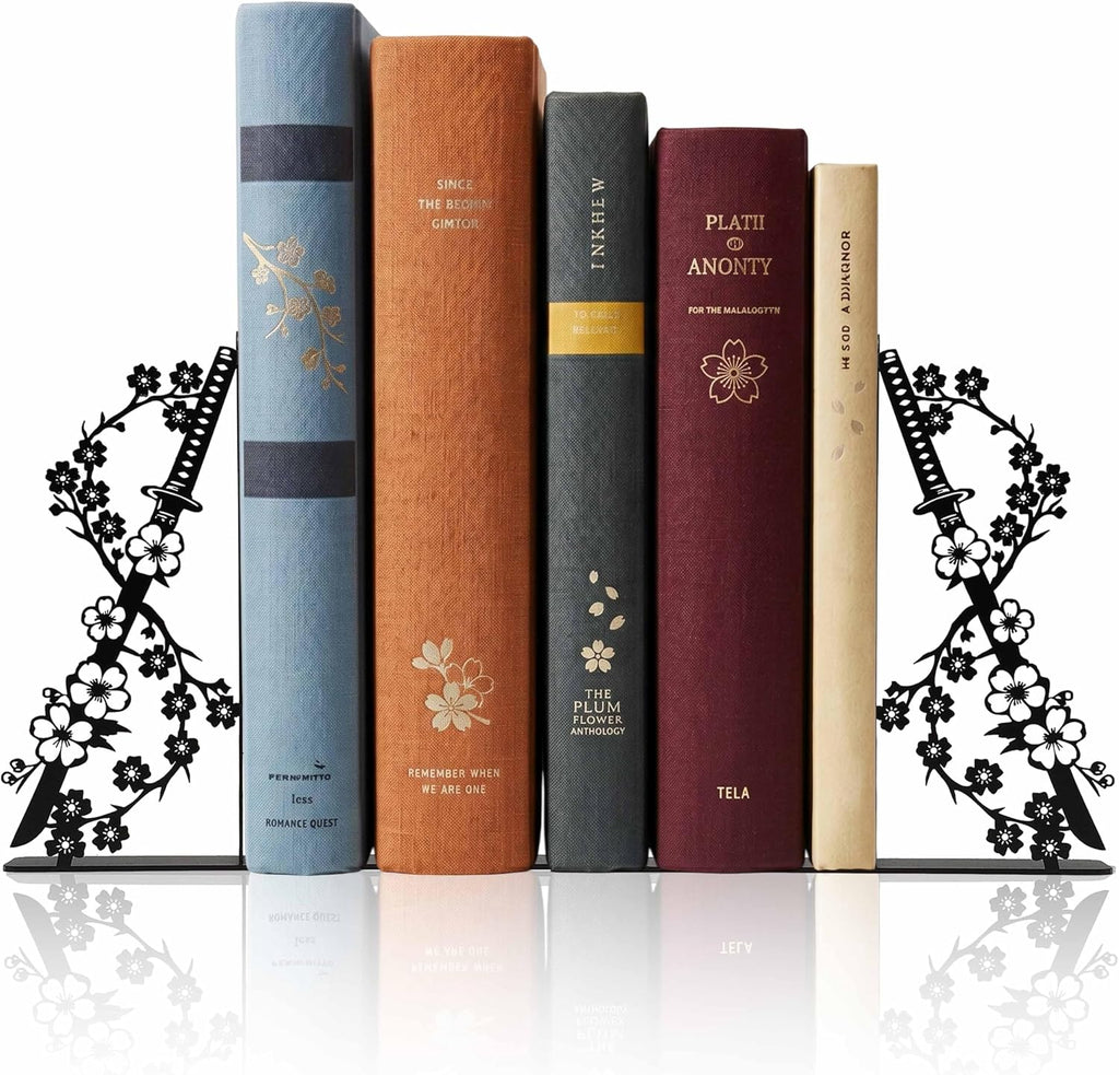 Set of 2 Metal Japanese Cherry Blossom Samurai Sword Bookends, Anime Book Ends for Home Office Library Bedroom Bookshelf, Unique Decorative Gifts for Men Childrens Japanses Culture Enthusiast