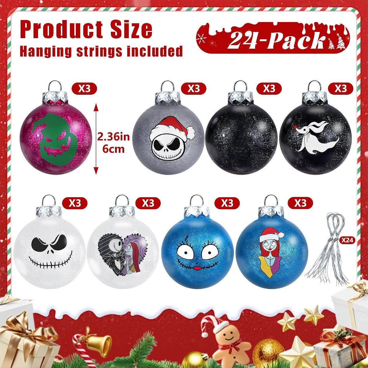 Nightmare Christmas Ball Ornaments Set, Skull Pattern Jack White and Black Xmas Tree Decorations, Plastic Shatterproof Hanging Balls Halloween Decor, 2.36”/60mm (24, Colorful)