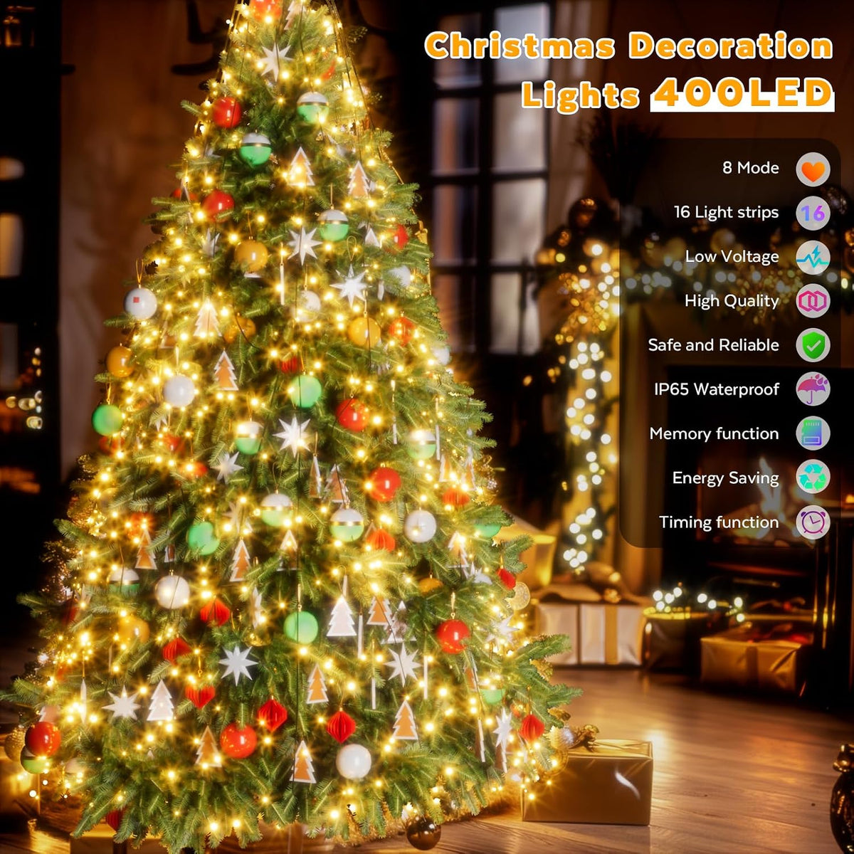 Christmas Tree Lights, 400 LED 8.2Ftx16 Line String Lights Plug in, Cascading Twinkle Lights for Xmas Tree with Timer Memory Function 8 Modes for Indoor Outdoor Wedding Party Decoration (Warm White)