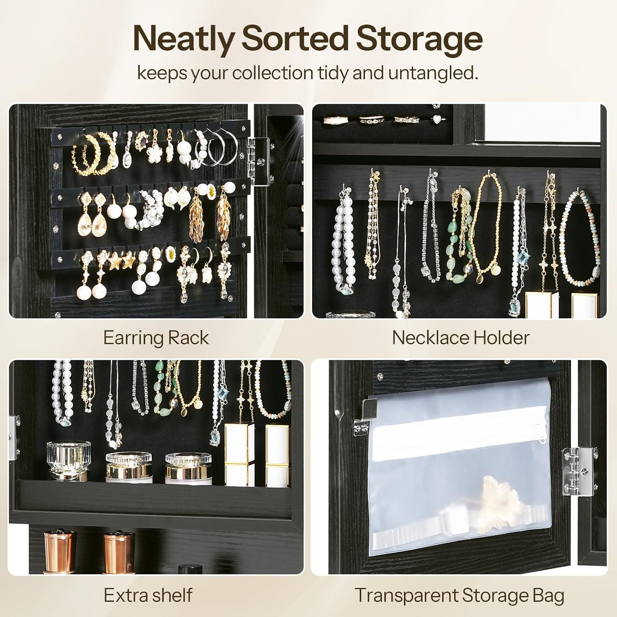 HOOBRO Wall Mounted Jewelry Cabinet, LED Jewelry Armoire with Interior Mirror, Hanging Jewelry Organizer for Wall, Lockable Jewelry Storage Cabinet, 3.9 x 11.8 x 20.9 Inches, Black