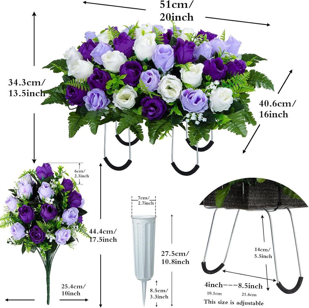 XONOR Artificial Cemetery Flower Saddles, Cemetery Memorial Flowers with Vase for Grave Tombstone Decorations (Purple White)