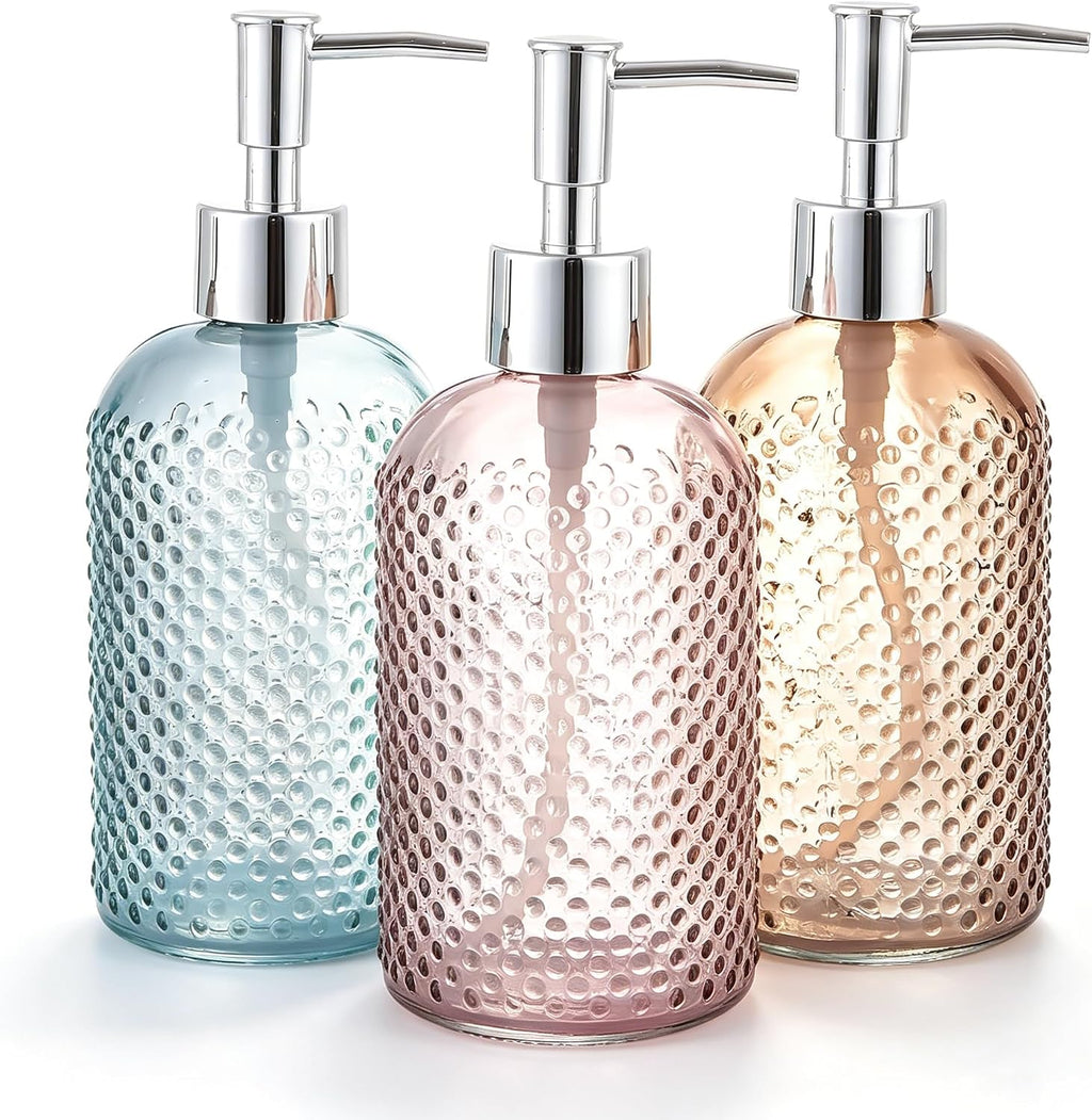 3 Pack Assorted Glass 15 Ounce Lotion Soap Dispenser Bottle with Pump for Bathroom, Kitchen