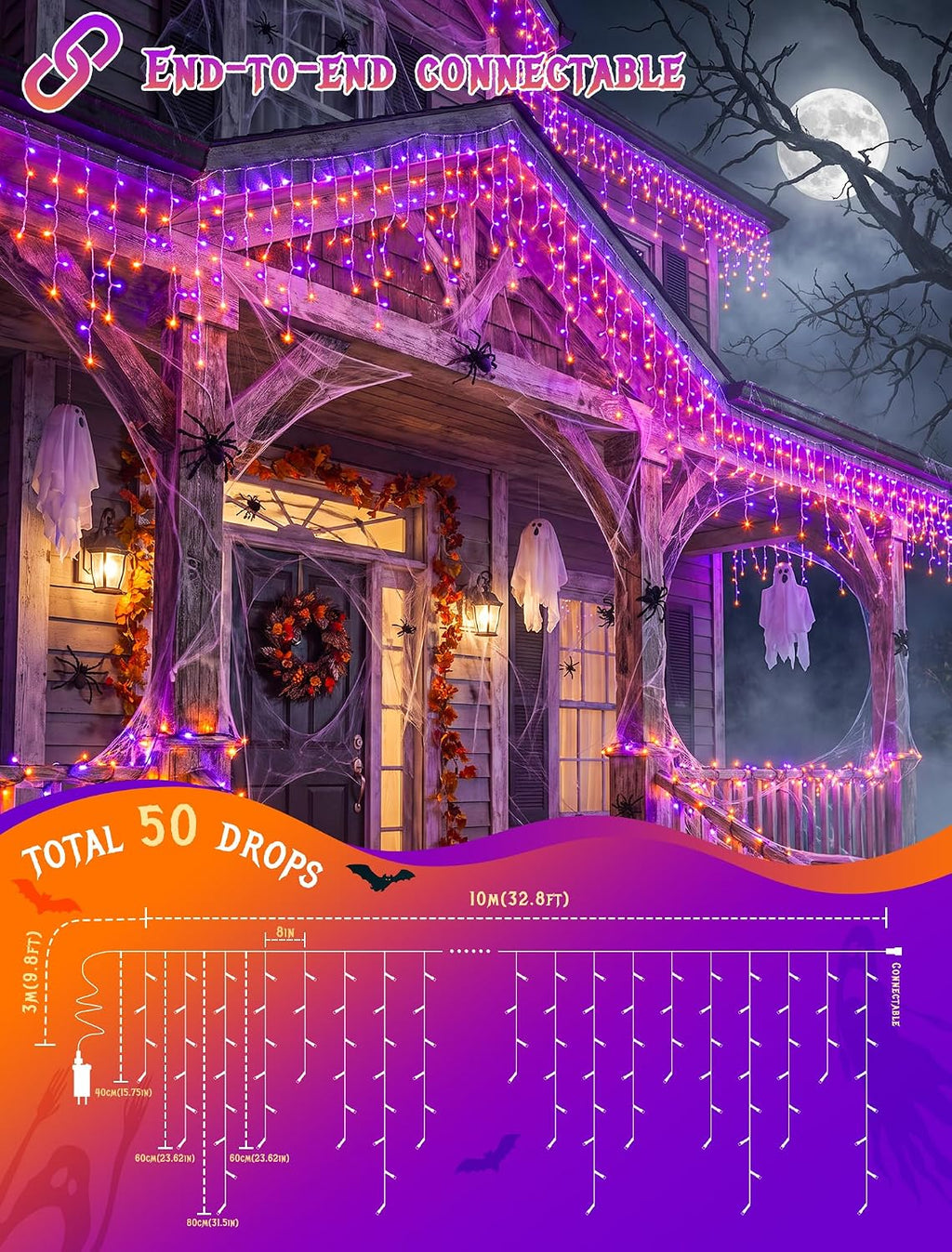 Halloween Icicle Lights Outdoor,300 LED Purple and Orange Lights