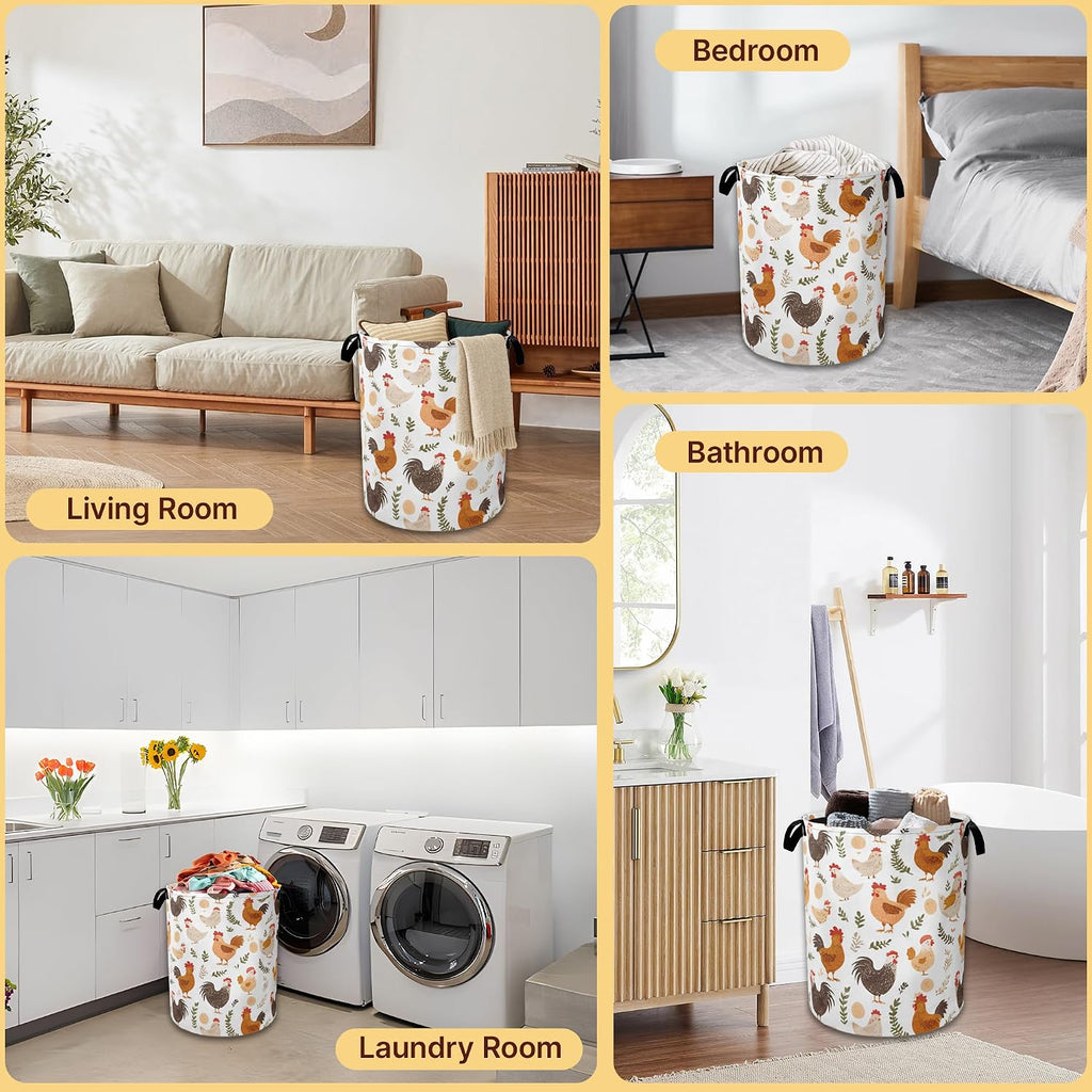 Laundry Hamper Foldable with Handles,Chicken Farm Oxford Cloth Laundry Basket,Rooster Grass Storage Organizer for Bathroom Bedroom Dorm 16"x20.8"