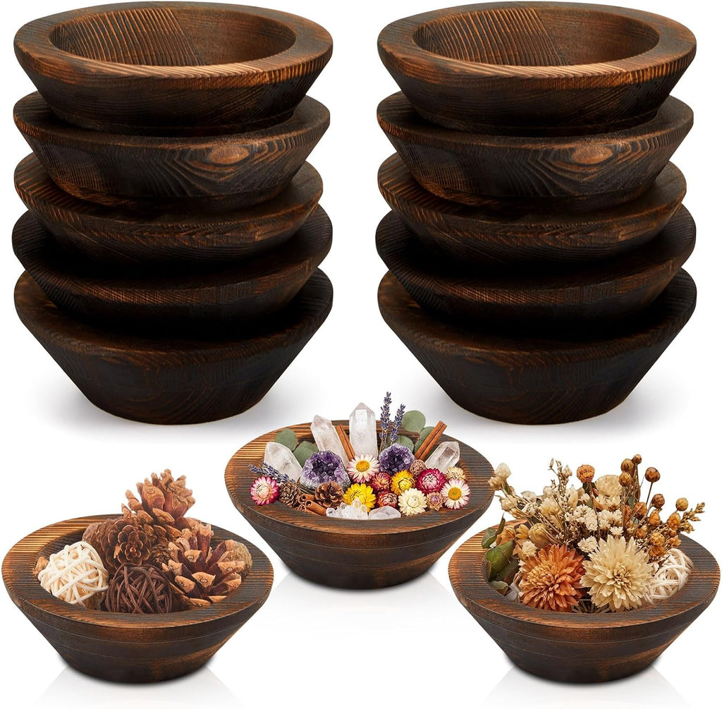 10 Pcs Wooden Dough Bowls for Decoration Passover Vintage Round Hand Carved Wood Bowl Bulk for DIY Crafts Decoration Farmhouse Supplies Housewarming Gift (Dark Brown)