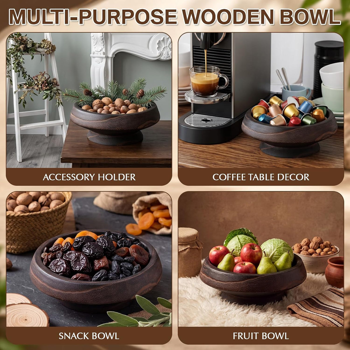 Wooden Fruit Bowl with Footed Base for Kitchen Counter