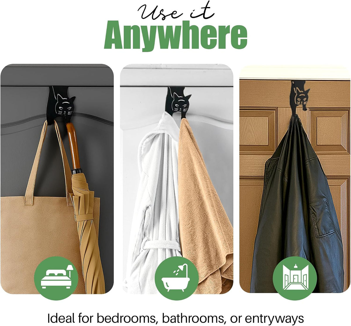 Evelots Cat Over the Door Hooks, Heavy Duty Metal Coat & Towel Hanger
