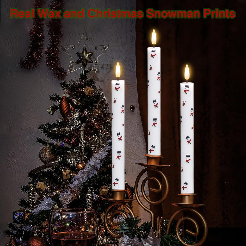 GenSwin Christmas Taper Candles with Snowman Decals, 4 Pack LED Taper Candles with Timer, Real Wax Flickering LED Flickering Flameless Candlesticks with Christmas Prints for Home Decor(0.78” x 9.6”)