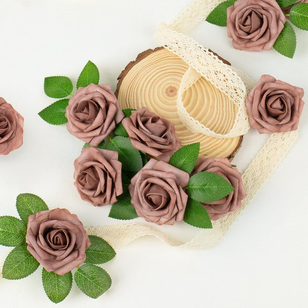 Mocoosy 50Pcs Artificial Rose Flowers, Dusty Roses for Decorations, Real Touch Foam Fake Rose Bulk with Stems DIY Wedding Bouquets Bridal Shower Centerpieces Floral Arrangements Party Table Home Decor