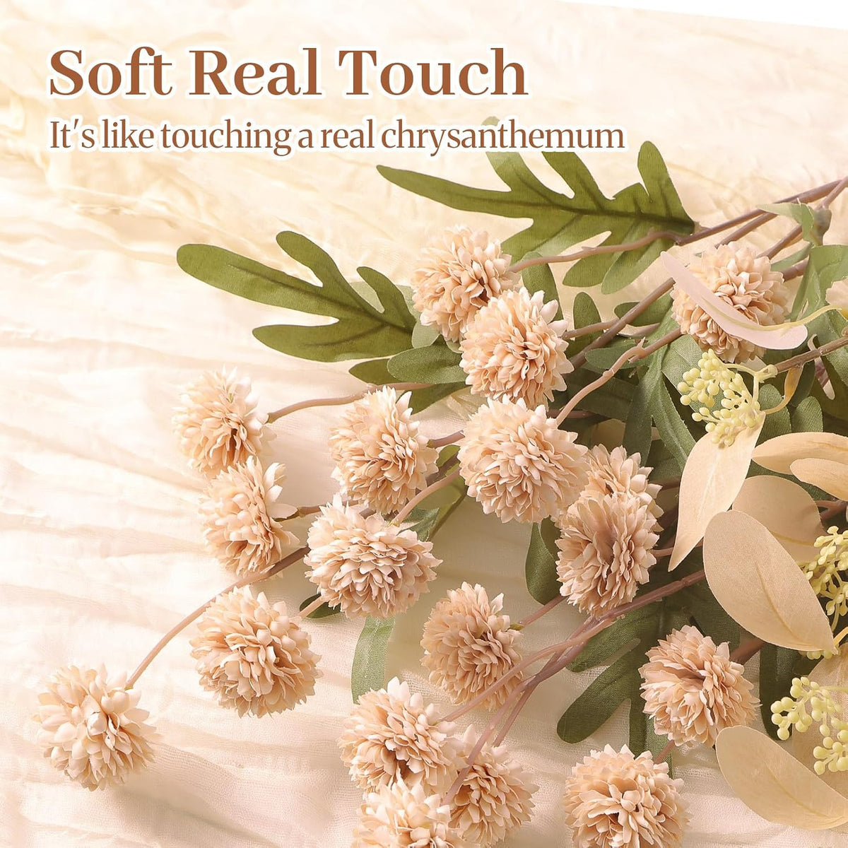 Alupssuc 32 Pcs Beige Faux Silk Mums, Fake Chrysanthemum for Vase
