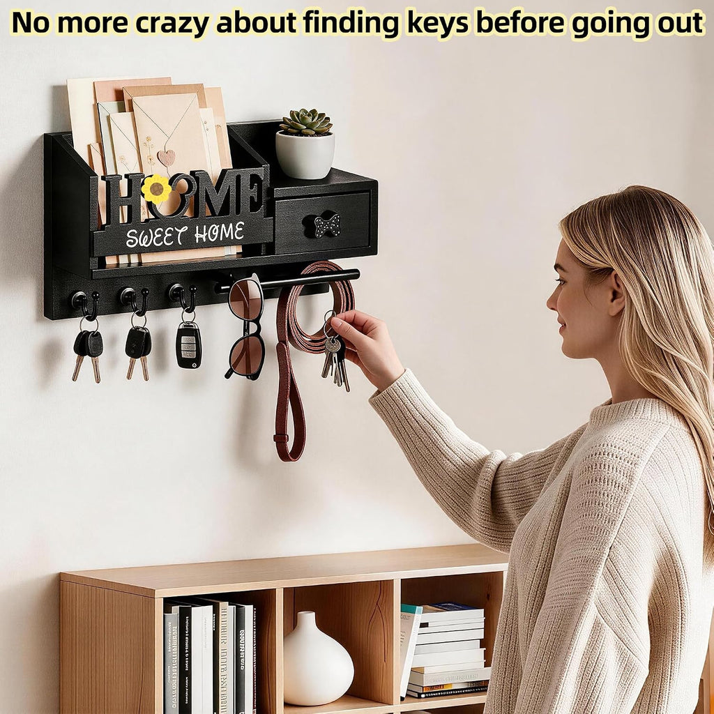 Key Holder Wall Mount with 3 Hooks and Storage Drawer, Home Mail Organizer