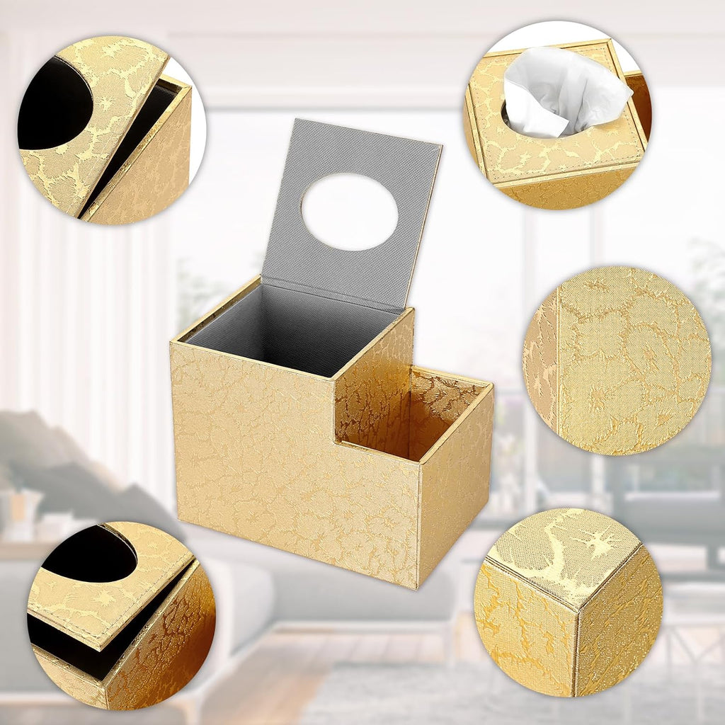 Sumnacon Square Leather Tissue Box Cover - PU Cube Tissue Box Holder with Side Organizer, Decorative Tissue Box for Living Room Vanity Night Stand Desk Countertop Office, Gold