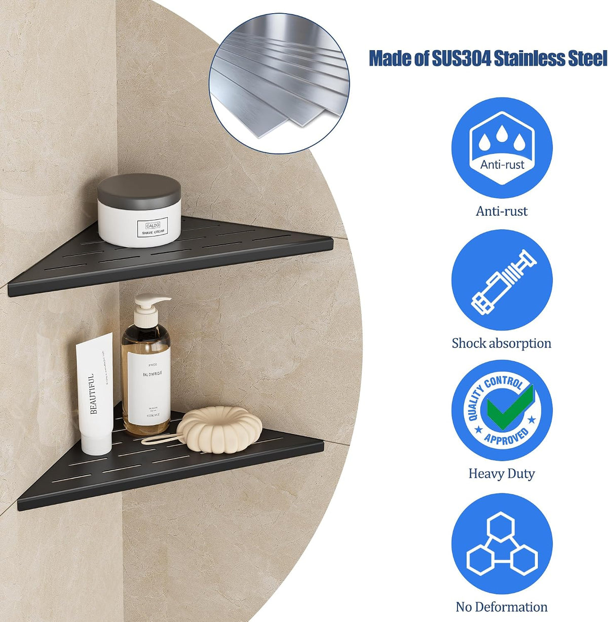 Neodrain 12 Inch Black Corner Wall Shelf for Tile Wall Insert, Set of 2