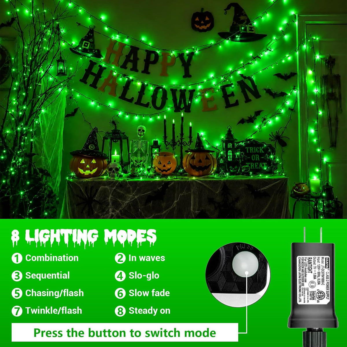 YEGUO 500 LED Green String Lights Outdoor Waterproof - 165 Ft Green Halloween Lights Indoor with 8 Modes Twinkle Christmas Tree Lights for Garden Patio Party Holiday