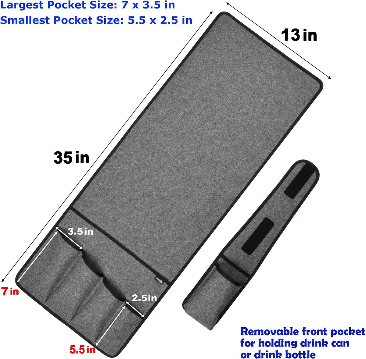 Sofa Armrest Organizer Couch Remote Holder, Sofa Caddy Bedside Organizer Recliner Armchair Accessory for iPad Tablet Phone Magazines in Home Bedroom Office Hotel, 5 Pockets with Font Side Drink Holder