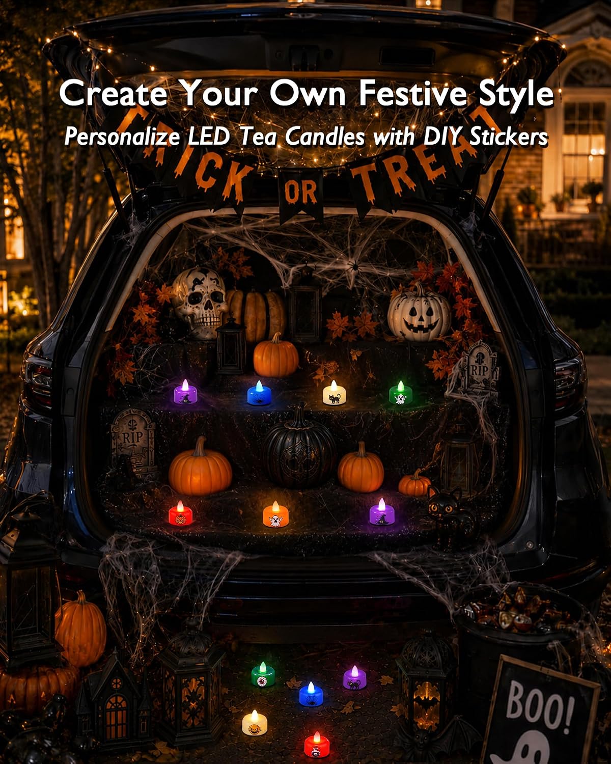 Amagic 12Pack Halloween Multicolor LED Tea Lights Candles with DIY Stickers