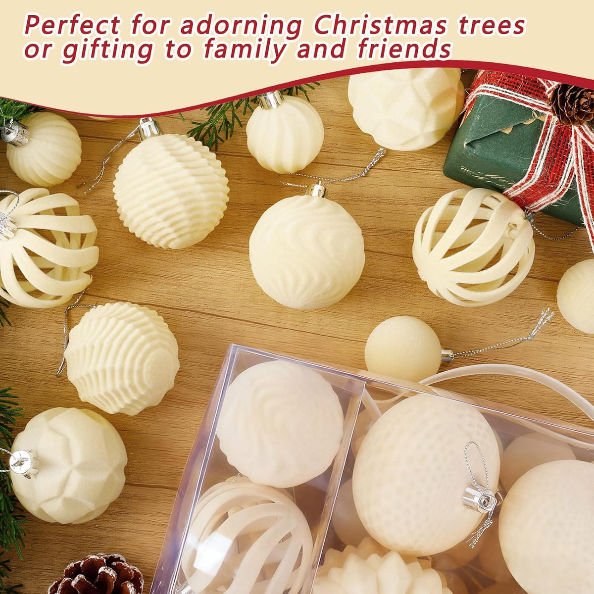 48 Pcs Velvet Christmas Ball Ornaments Set for Xmas Tree Decor(Cream Yellow