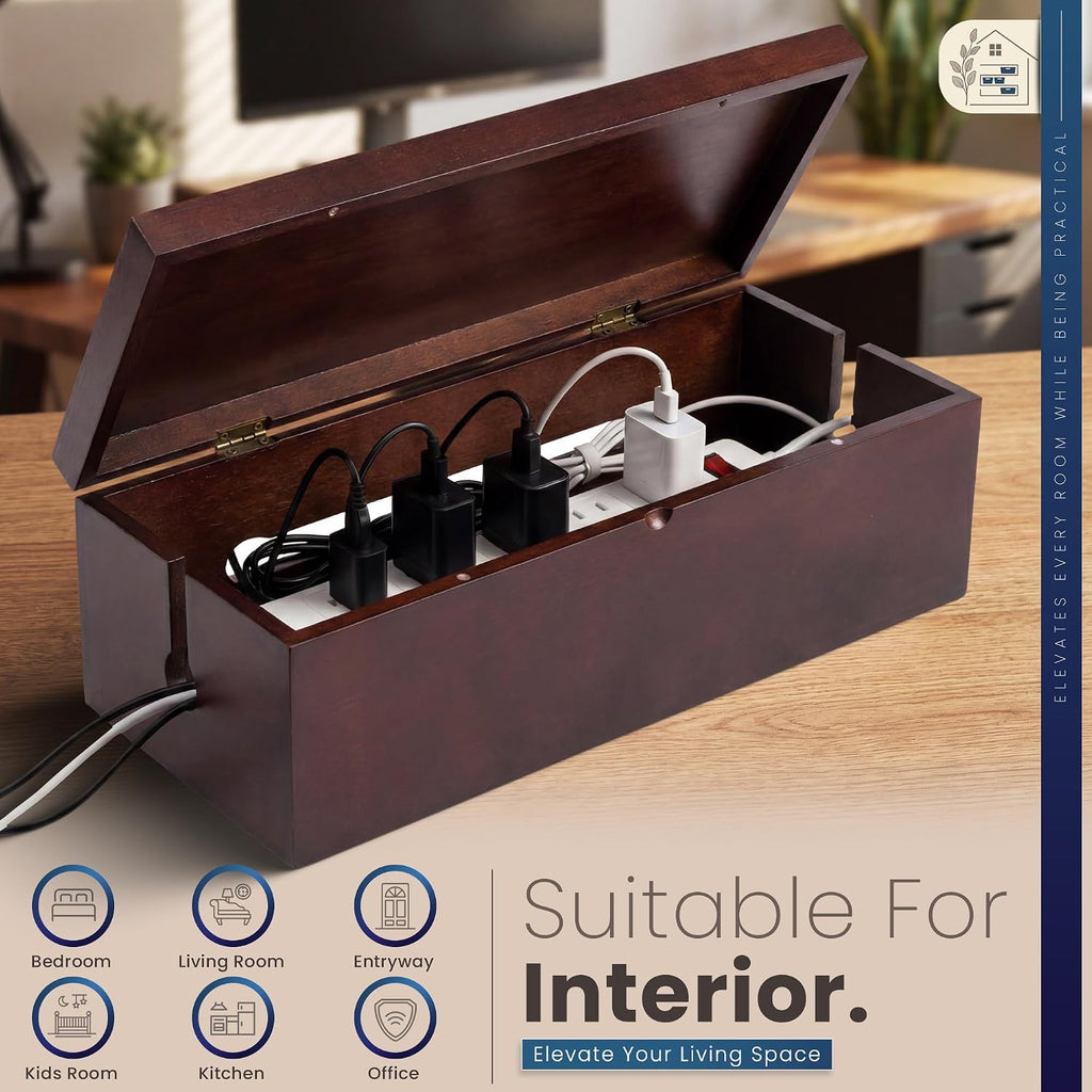Solid Wood Cable Management Box - Large Cord Management Box Organizer; Cord Hiding Box for Desk; Wooden Storage for Chargers, Charging Station; Surge Protector, Power Strip