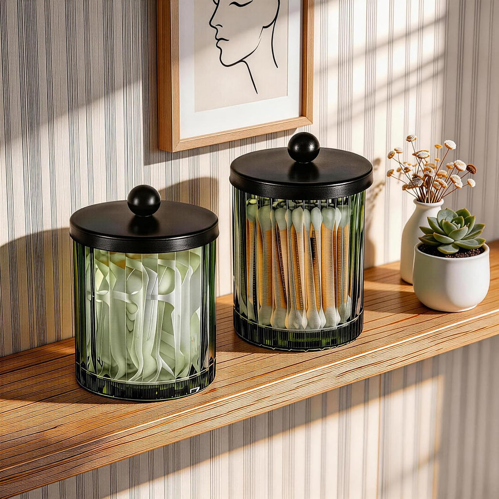 Amolliar Green Glass Apothecary Jar, Qtip Holder for Bathroom(Black 2 Pack)