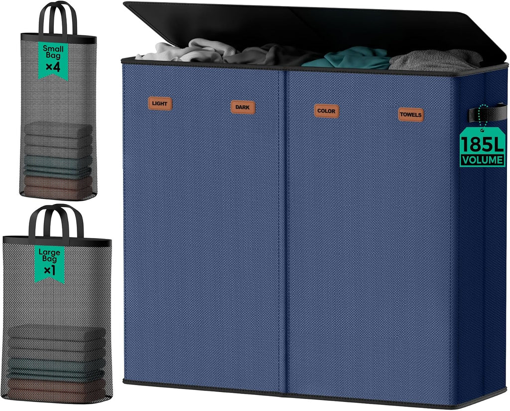 185L Laundry Hamper 4 Section with Lid & Removable Bags | Collapsible laundry basket organizer for laundry room, bedroom & dorm with 5 removable washing bags