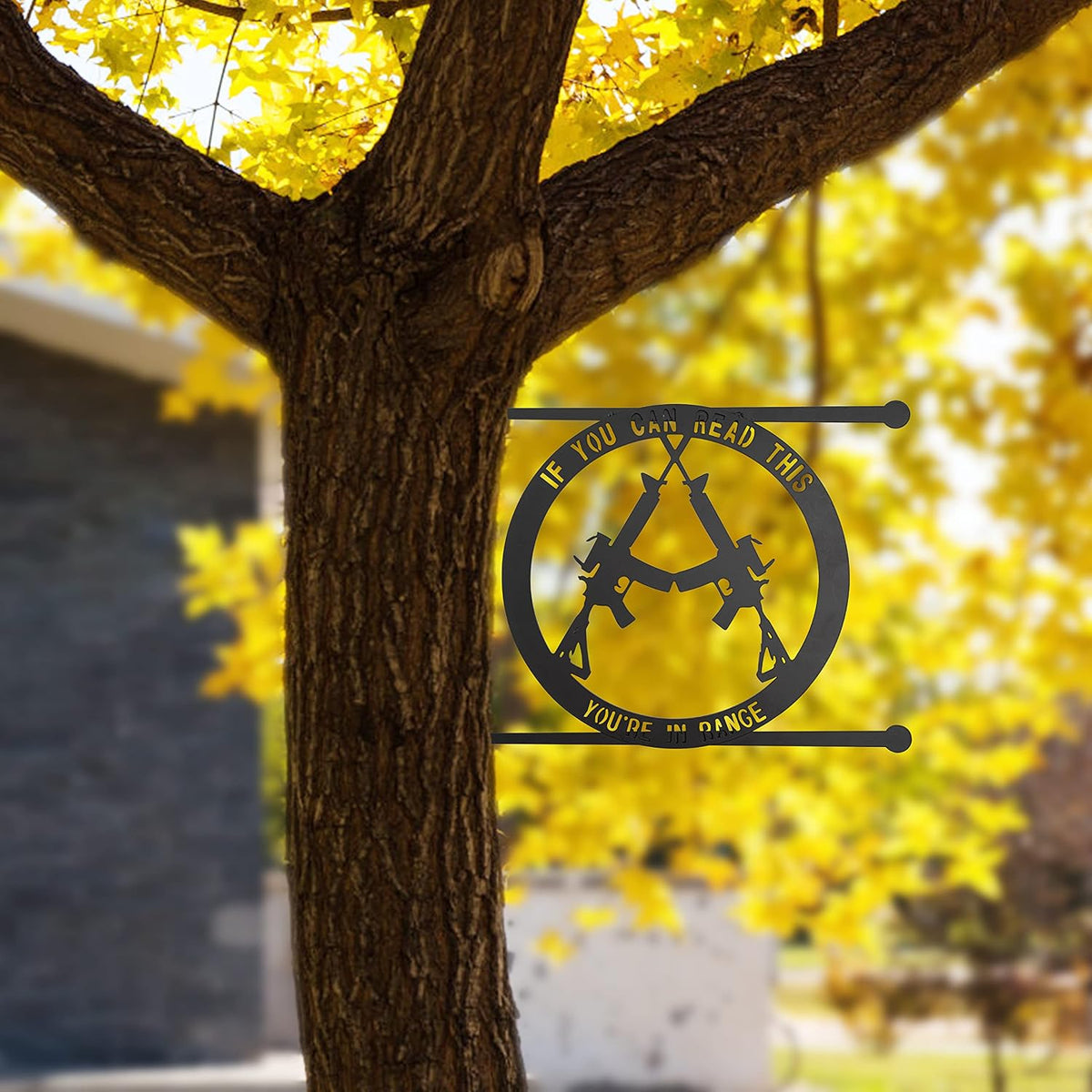 Metal No Trespassing Sign "You're In Range" Gun Metal Door, Wall or Tree Hanger Sign Decoration by GUTE - Wall Art - Outdoor/Indoor Monogram (12.5" Tall, 17.3" Wide, Black) - Hanger, Gun Owners (You're in Range)