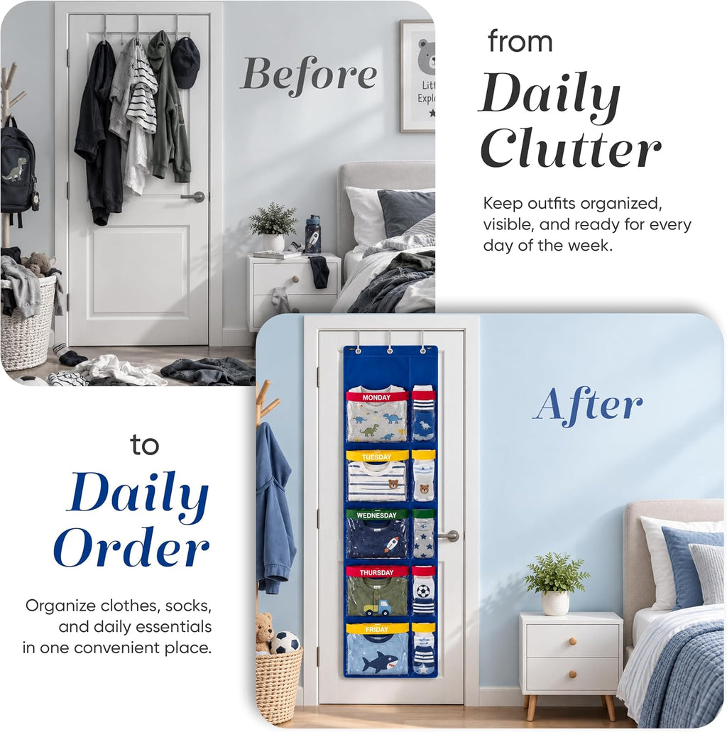 Handy Laundry Weekly Clothes Organizer for Kids – 5-Shelf Hanging Closet Storage with Day of the Week Labels, Over the Door or Wall Mount, Large Capacity, Encourages Routine, Blue
