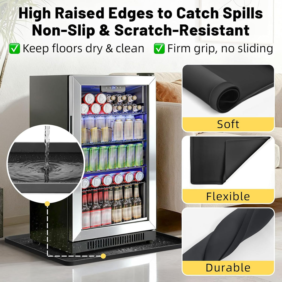 NAMTSO Mini Fridge Silicone Mat, 20"x20" Floor Protector Drip Tray, Black