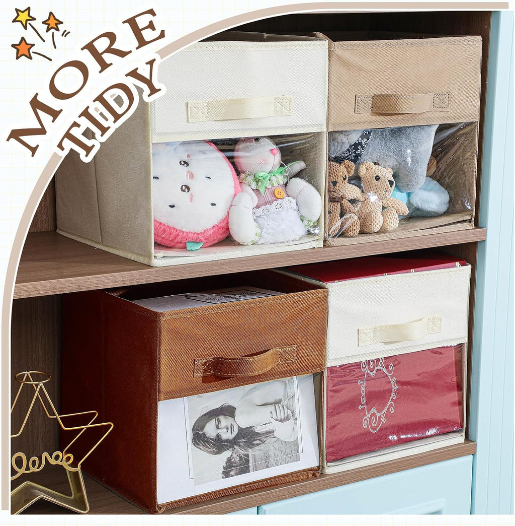 Marsui 12 Pcs Clear Cube Storage Bins Collapsible Fabric for Kids, Brown
