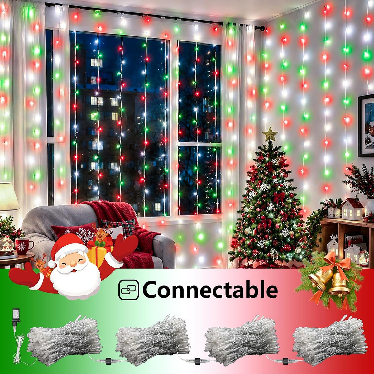 YEGUO 300 LED Red White and Green Christmas Lights, Curtain Lights Plug in, 8 Modes Hanging String Lights for Bedroom Wall Window Backdrop Indoor Outdoor Party Xmas Decorations-9.8x9.8ft