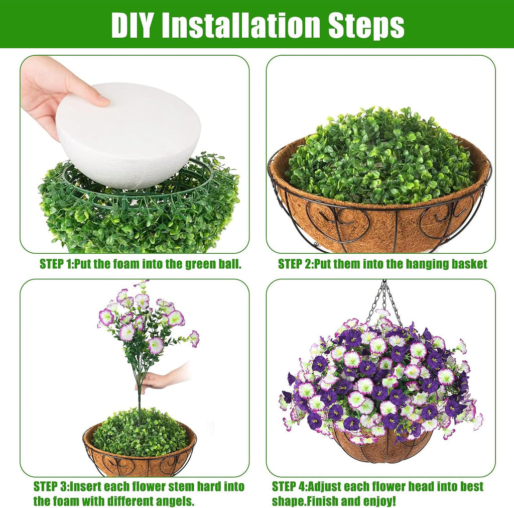 Artificial Flowers for Outdoors with Baskets Hanging Plant Faux Flowers UV Resistant Fake Silk Morning Glory with Eucalyptus for Planter Porch Garden Home Spring Summer Decoration(Gradient Purple)