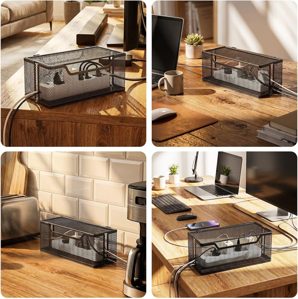 Marbrasse 3 Pack Cable Management Box, Metal Mesh Cord Organizer Box for TV Wires, Electrical Hiding, Power Strip – Under Desk Cable Storage Box with Cable Clips&Reusable Cable Ties for Home/Office