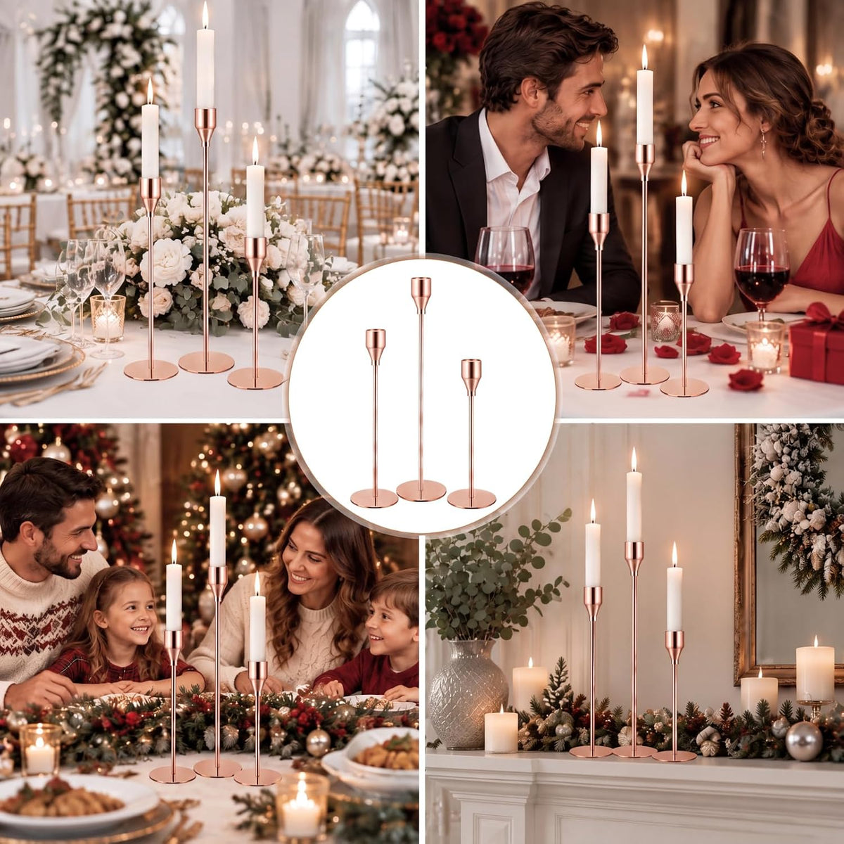 18 Pcs Rose Gold Tall Taper Candle Holders, 3 Sizes, Fits 3/4" Candles