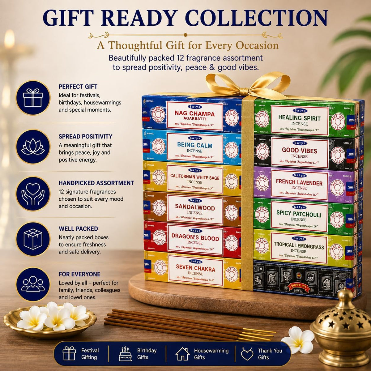 Satya Incense Gift Set - 7 Chakra Scents, 12-Pack, 120 Sticks