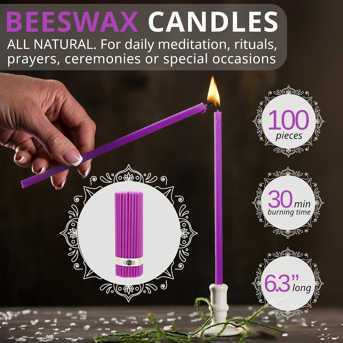 Danilovo Thin Taper Beeswax Candles - No-Drip, Smoke-Less, Tall, Decorative, Honey Scented Candles Ideal for Church Prayer, Rituals, Decor or Birthday – 6.3”x0.2” (Purple, 100pcs)
