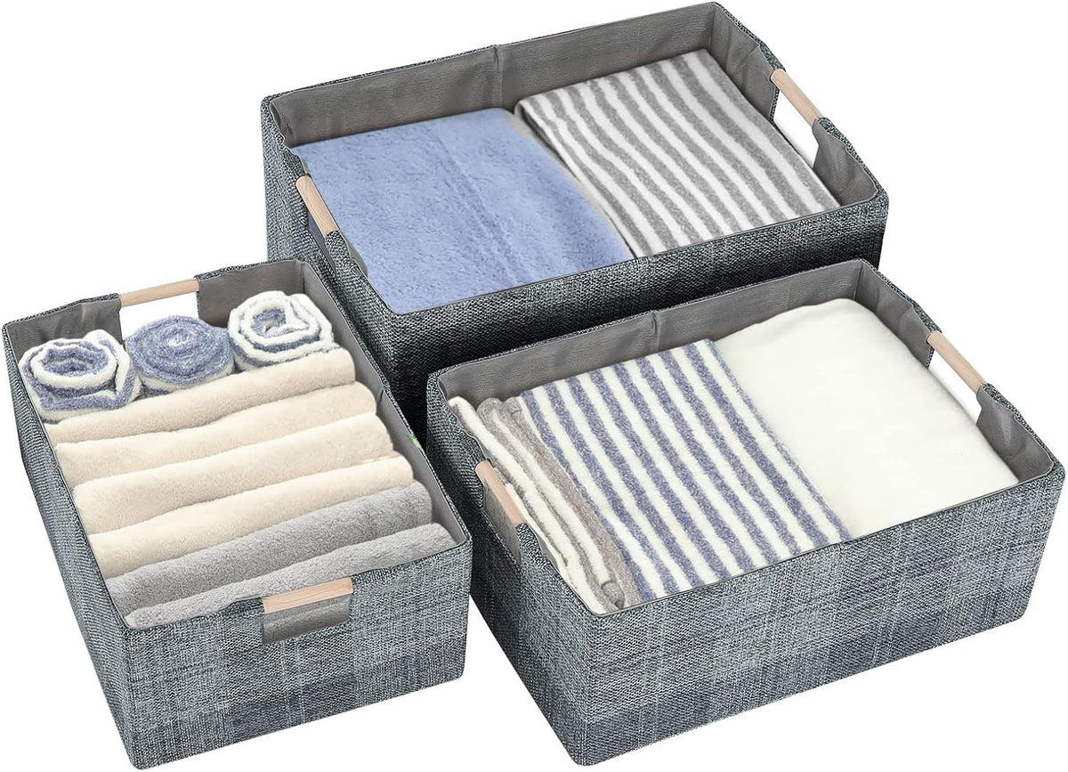 Fabric Storage Box, 15x11in Foldable Cotton Linen Basket with Wooden Handle