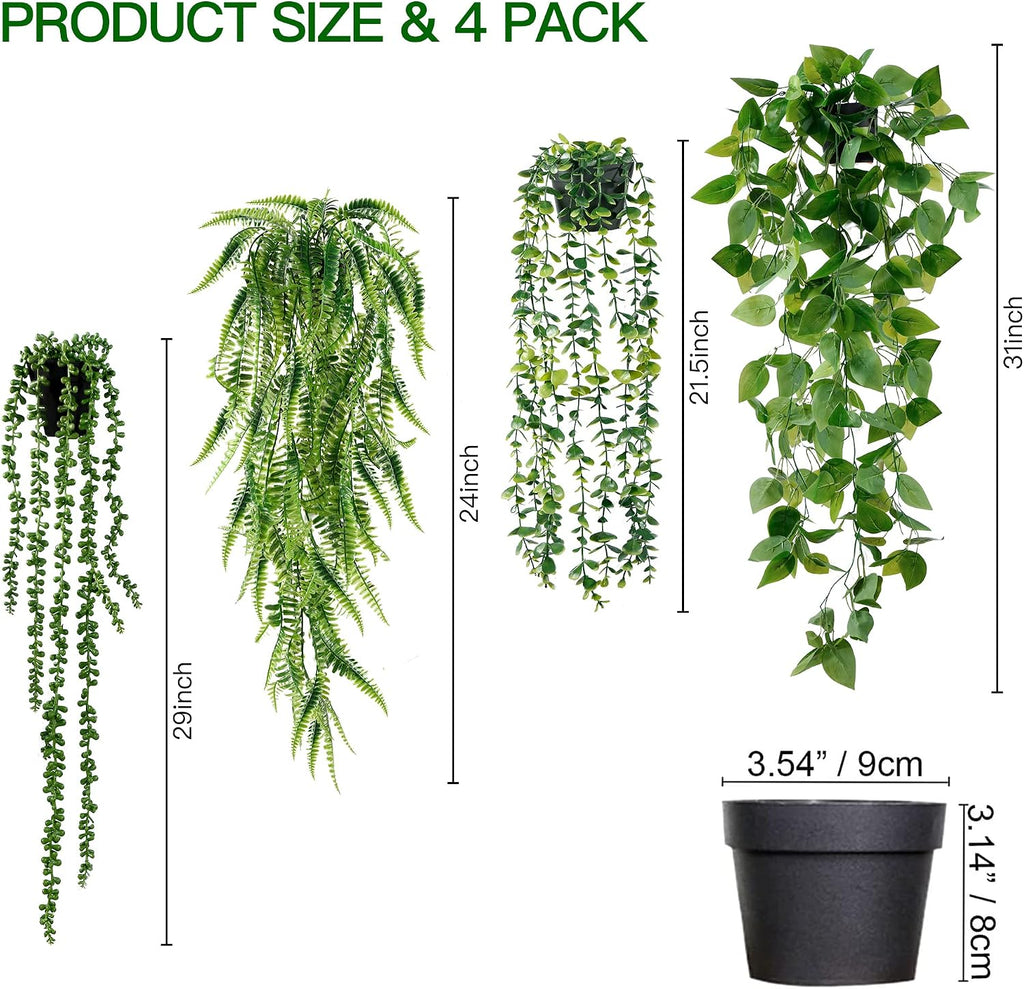 Sggvecsy Fake Hanging Plants 4 Pack Artificial Hanging Plants Fake Potted Greenery Faux Eucalyptus Vine String of Pearls Boston Fern Ivy Vine Leaves for Home Indoor Outdoor Shelf Wall Garden Decor