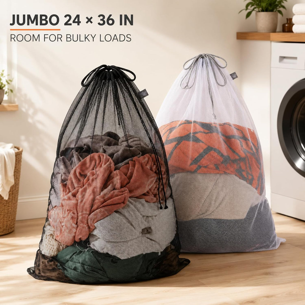 Large Mesh Laundry Bag for Travel, Drawstring Bag for Camp, White, 24x36"
