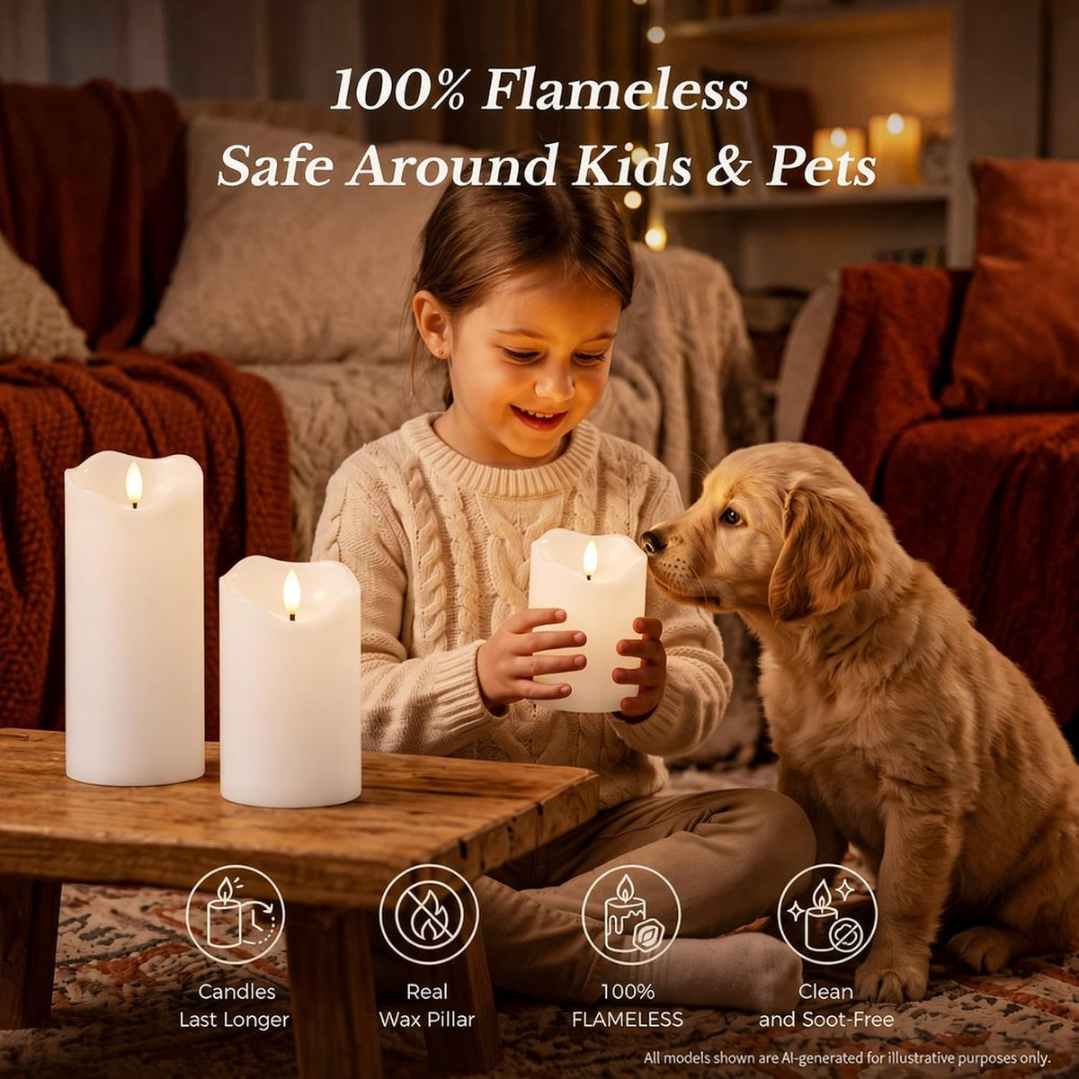Goodluck Real Paraffin Wax Flameless Pillar Candles Set of 3, White