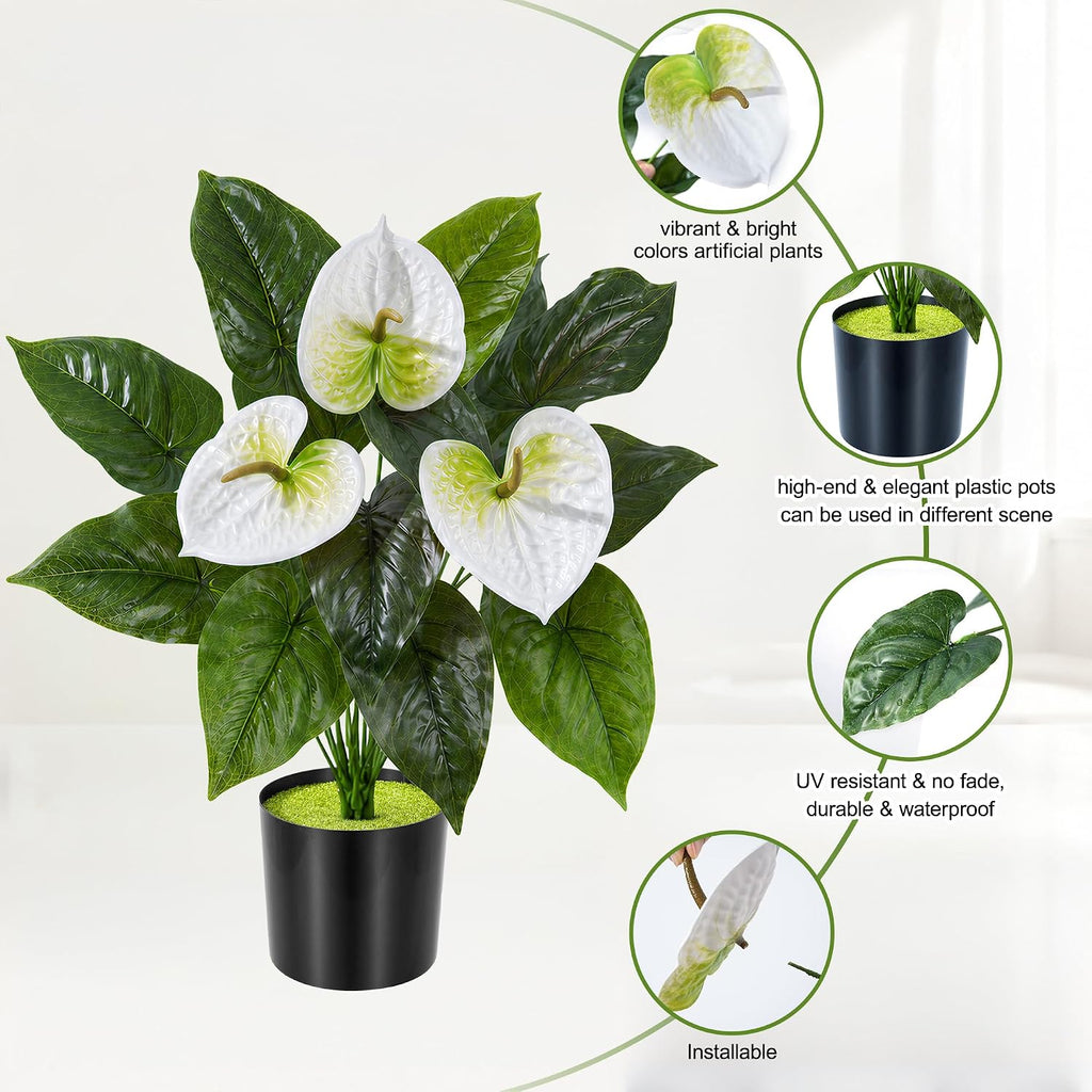 Anthurium Artificial Flowers with Pots, 2 Pack Fake Flowers Potted Faux Outdoor Plants, UV Resistant Realistic Faux Tropical Greenery for Planters Inside Porch Patio Yard (White, 21.6")
