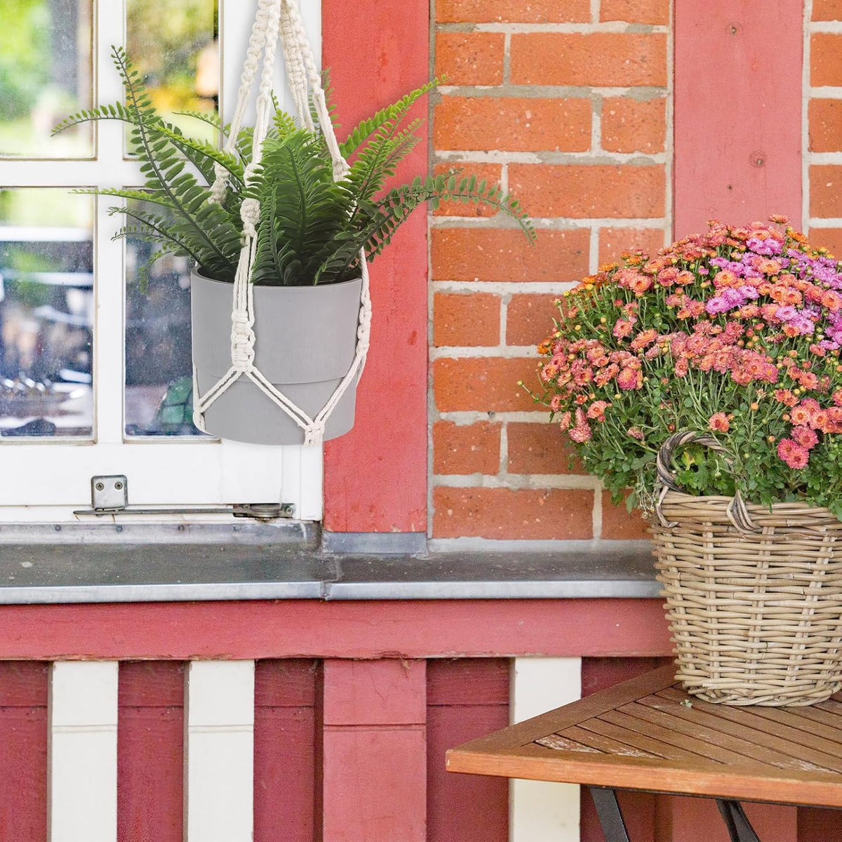 Macrame Plant Hanger, 2 Pack Boho Hanging Planters Baskets for Indoor Plants Decorative Braided Cotton Rope Flower Pot Holder with Metal Hook Rings for Outdoor Home Decor, No Tassels, Ivory, 20 Inchs