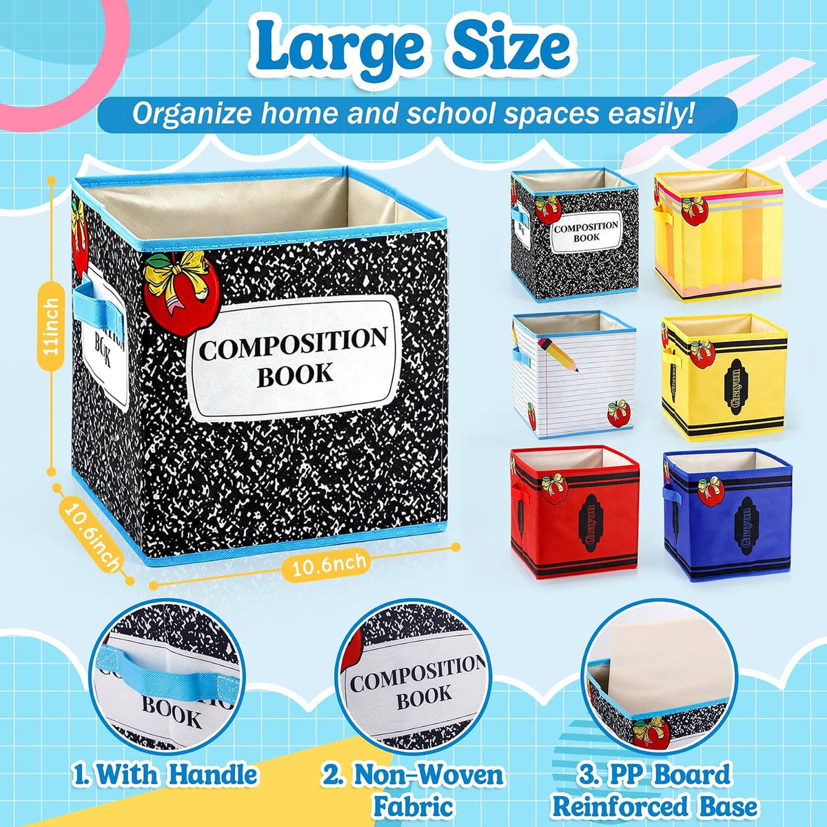 HUISUYTON 6 Pcs 11in Classroom Storage Bins,Fabric Storage Bins with Handle