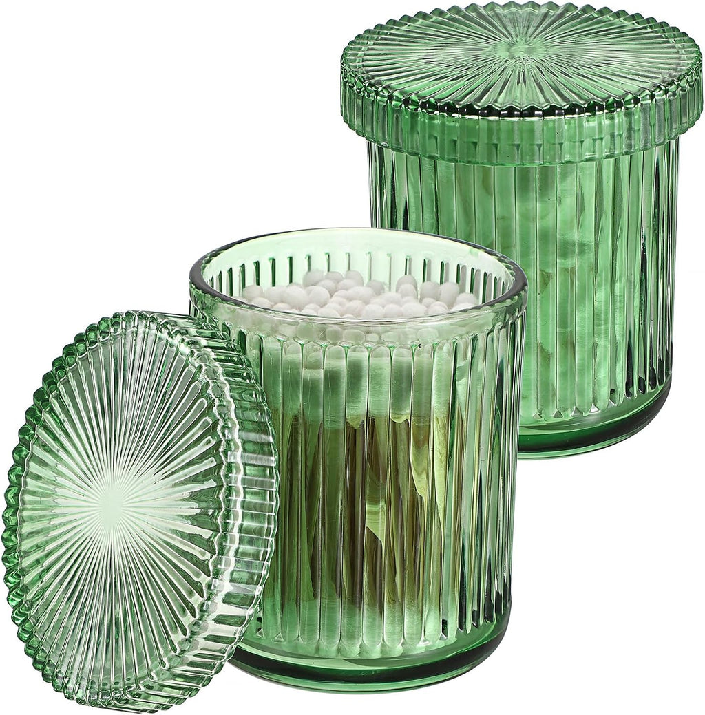 Hipiwe 2 Pcs Qtip Apothecary Jars with Lid Green Glass Bathroom Dispenser