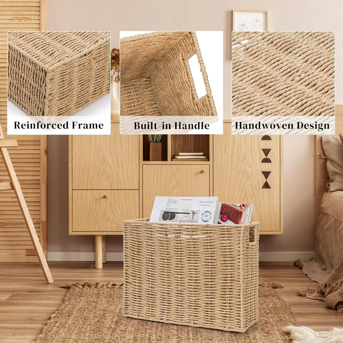 Woven Magazine Holder, Book Basket with Built-in Handles