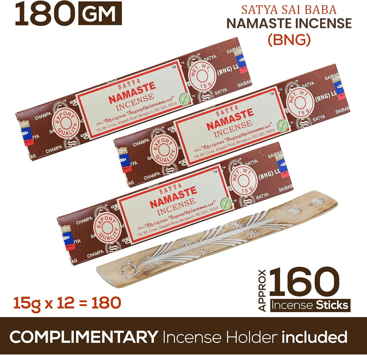 Satya Namaste Incense Sticks, Satya Bng (Bangalore) Insenses 15gmx12 Pack with Raajsee Incense Holder Bundle, Satya Nagchampa Natural Incense