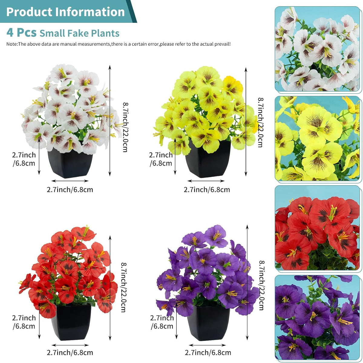 LOYWREE 4 Pack Small Faux Plants Spring Artificial Pansy Flowers Fake Plants Indoor Bathroom Accessories for Home Room Office Desk Decor(Black Square Pot)