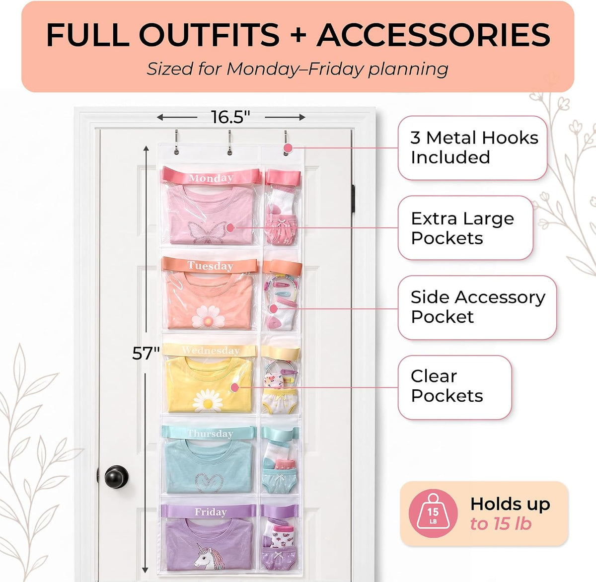 Over the Door Weekly Clothes Organizer for Kids, Days of the Week (Rainbow)