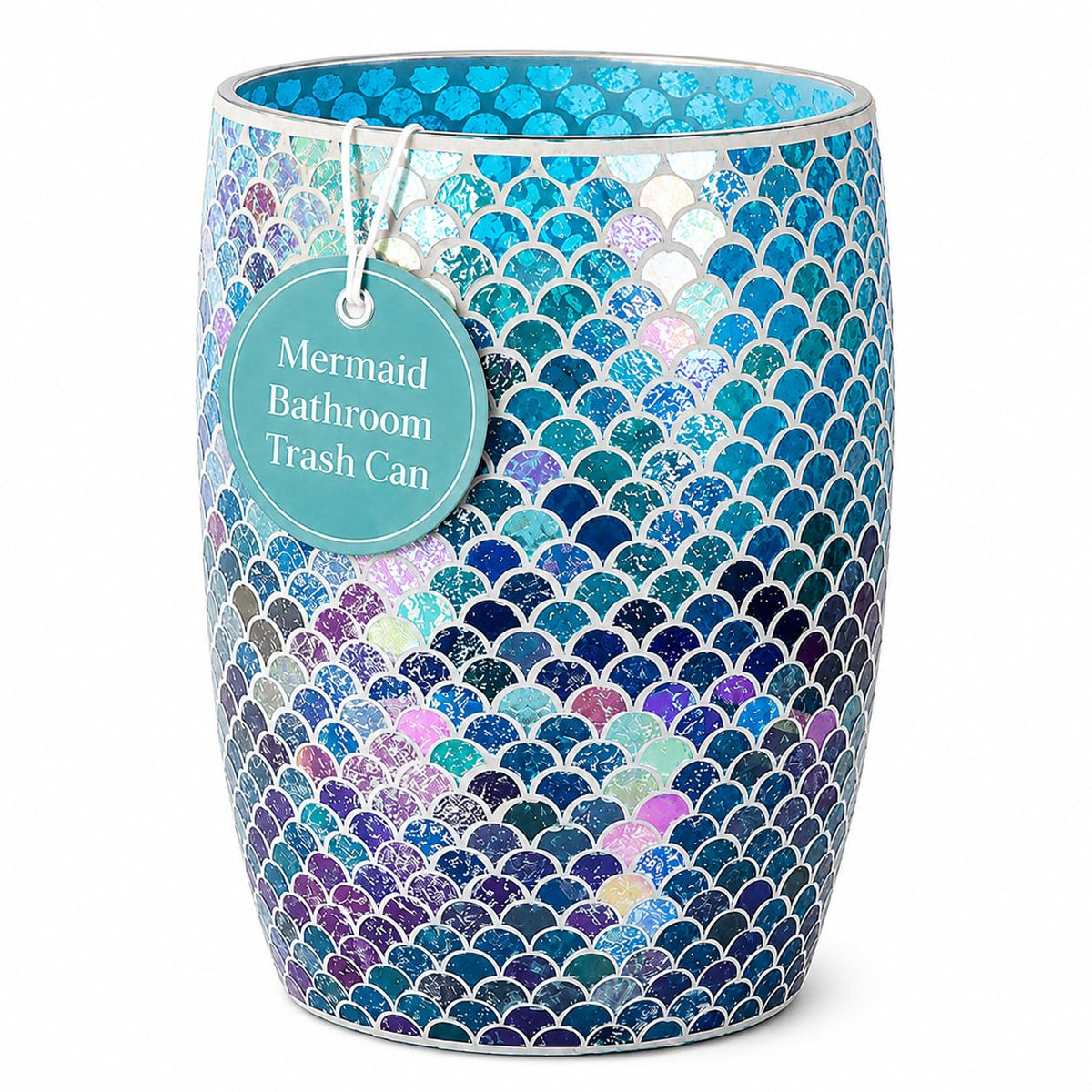 Escenzy Mermaid Bathroom Trash Can, Handmade Mosaic Glass 1.3 Gal / 5L | Decorative Waste Basket for Bathroom, Bedroom, Office | Luxury Mermaid Bathroom Decor | Coastal Home Decor Gift