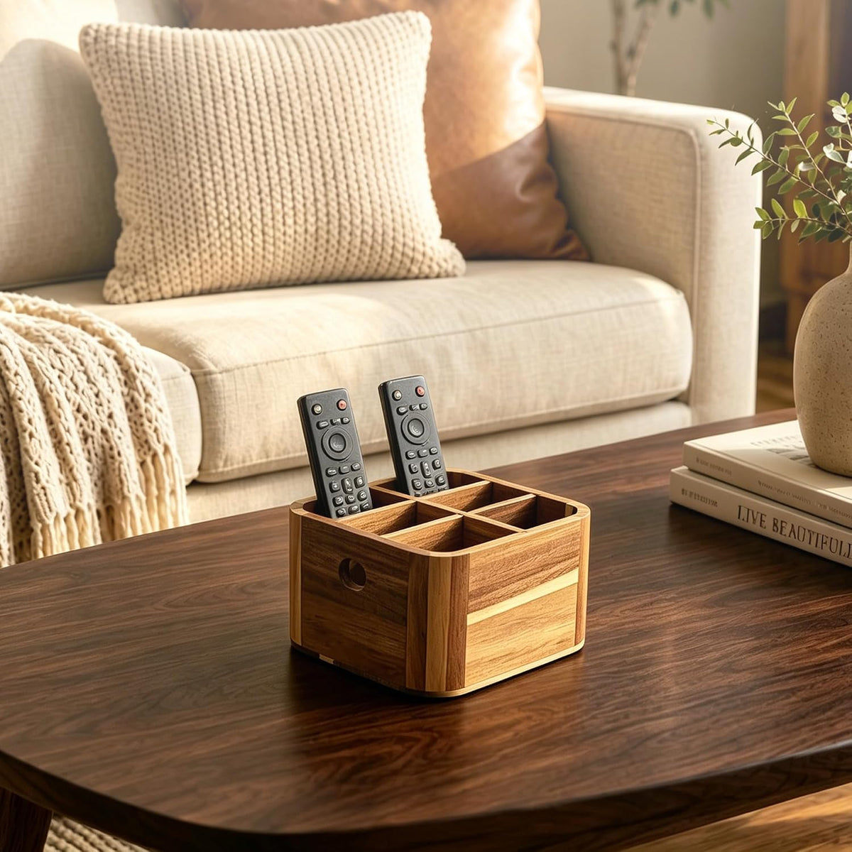 Remote Control Holder, Acacia Wood TV Remote Holder with 5 Adjustable Dividers and Handle, Desk Organizer for Remotes, Office Supplies, Coffee Table, Living Room, Bedroom, Nightstand